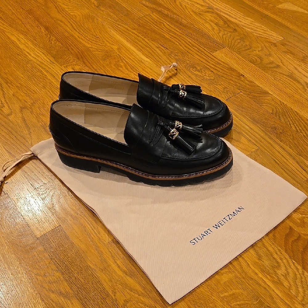 Stuart Weitzman Black Leather Women's  Loafers Manila Signature 10.5 AA